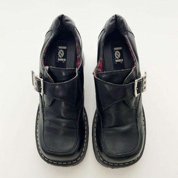 RARE L.E.I. Genuine Vintage 90s Black Chunky Platform Buckle Block Heels - Picture 5 of 16